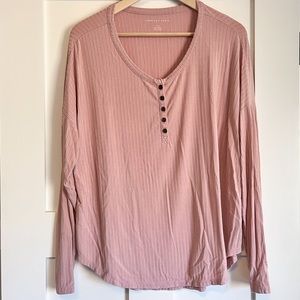 American Eagle Pink Half Button Long Sleeve Top